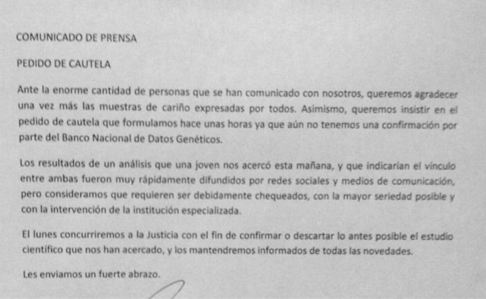 La Nación (2015, 25 de diciembre) Chicha Mariani pide «cautela» y «paciencia» con respecto al hallazgo de su nieta, Clara Anahí.